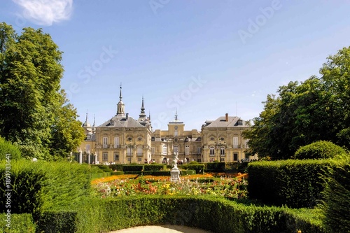 A large building with a courtyard in front of it