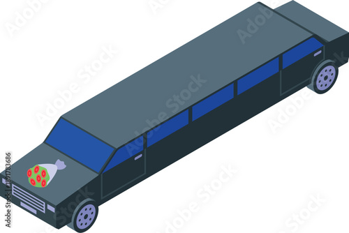 Elegant black limousine decorated with wedding bouquet, parked and waiting for just married couple, isometric view