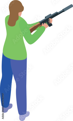 Paintball player aiming with a marker gun, preparing to shoot, viewed from behind in isometric projection