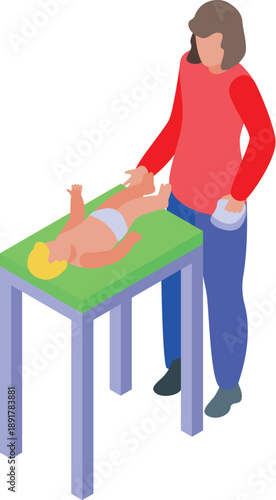 Babysitter changing diaper of baby lying on changing table, childcare service, isometric vector illustration