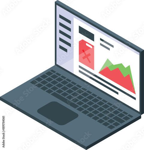 Laptop displaying unsuccessful fuel purchase attempt, featuring a cross mark over a fuel pump icon and a graph, in isometric view