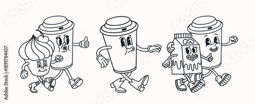Cartoon coffee, cupcake and milk characters in retro line style. Cartoon character illustration with coffee and milk drawn in simple vintage line art for cafe branding, packaging, posters, prints