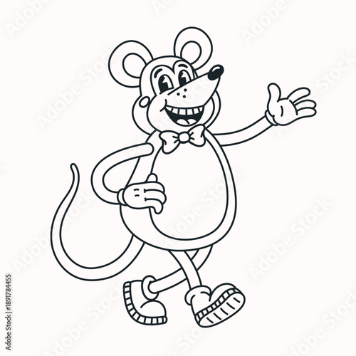 Cartoon mouse character in retro groovy line style with smiling face, bow tie and playful pose on light background. Mouse character vector illustration. Ideal for stickers, posters, coloring pages.