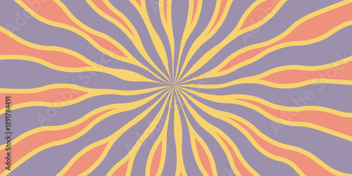 Psychedelic background with wavy sunburst rays in yellow, peach, and purple groovy tones. Psychedelic wavy composition with radiating curved lines. Vector illustration