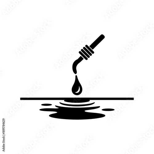 Dropper Dispensing Liquid Drop Icon. A sleek, minimalist vector icon featuring a black silhouette of a dropper or pipette precisely dispensing a single drop of liquid.