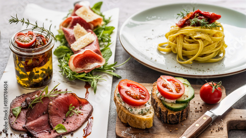 Italienisches Essen: Antipasti mit Prosciutto, Roastbeef und Bruschetta neben Tagliatelle auf Teller