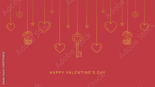 Luxury valentine's day greeting header, golden line art key and hearts on red background, elegant minimalist romantic banner with copy space.