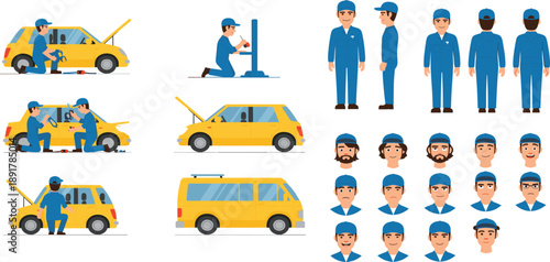 Auto Repair Service Illustration Set with Mechanic Characters, Car Maintenance Scenes, Vehicle Views, and Worker Poses for Garage and Automotive Design
