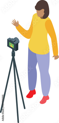 Female influencer creating video content using a camera on a tripod, gesturing and speaking to her audience