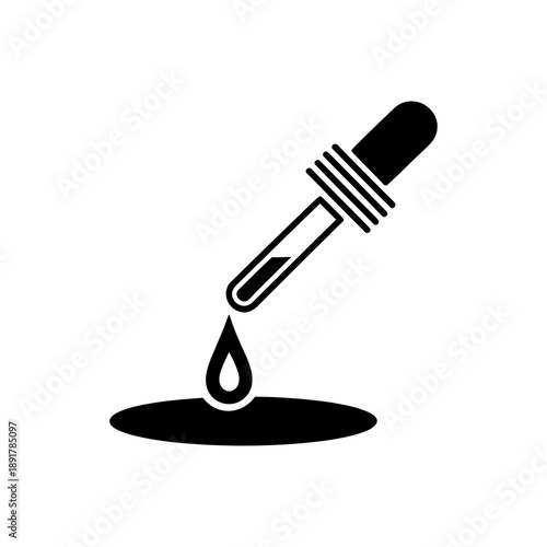 Dropper Dispensing Liquid Drop Icon. A sleek, minimalist vector icon featuring a black silhouette of a dropper or pipette precisely dispensing a single drop of liquid.