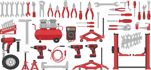 Automotive Repair and Workshop Tool Illustration Set with Hand Tools, Power Tools, Garage Equipment, Car Jacks, and Diagnostic Devices for Maintenance Design