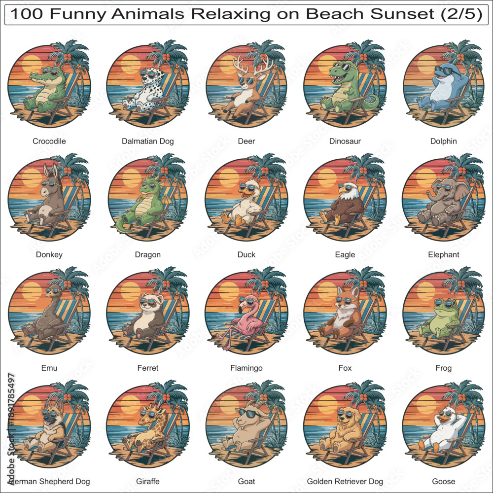 Fototapeta premium Funny animals relaxing on beach sunset vector bundle: gorilla, hamster, hedgehog, highland cow, hippo, horse, husky, kangaroo, koala, lion, lizard