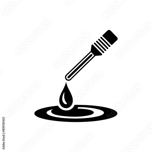 Dropper Dispensing Liquid Drop Icon. A sleek, minimalist vector icon featuring a black silhouette of a dropper or pipette precisely dispensing a single drop of liquid.