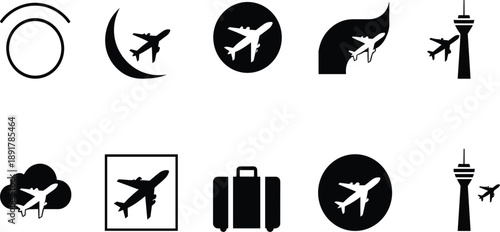 Minimal Travel and Aviation Icon Set with Airplane Silhouettes, Airport Tower, Luggage, and Abstract Flight Symbols for Tourism Design