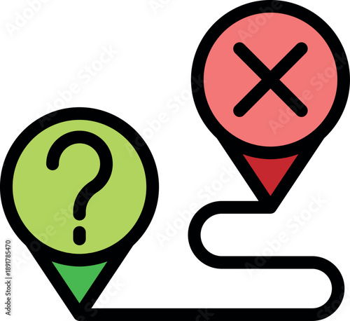 Question mark changing into cross showing uncertain path becoming final destination, decision making process or problem solving concept