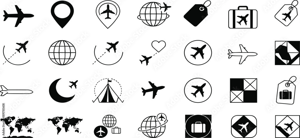 Fototapeta premium Travel and Aviation Icon Set with Airplane, Globe, Destination, Route, and Luggage Symbols for Tourism, Trip Planning, and Transportation Design