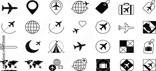 Travel and Aviation Icon Set with Airplane, Globe, Destination, Route, and Luggage Symbols for Tourism, Trip Planning, and Transportation Design