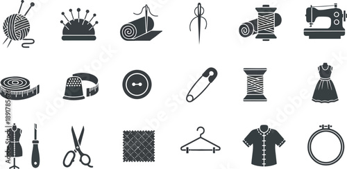 A set of dark silhouette icons illustrates various essential tools and equipment used specifically for sewing and tailoring crafts.