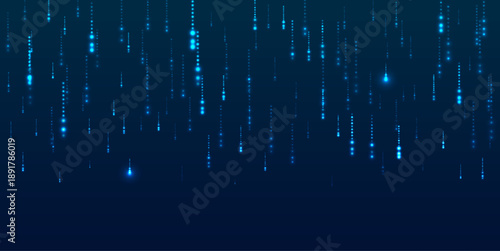 Blue light rain falls vertically through cyber space, forming luminous data patterns with shimmering particles and electronic glow on black abstract backdrop.