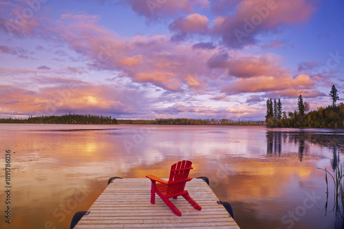 Bilde på lerret chair on dock, Lynx Lake, Lac la Ronge Provincial Park,Saskatchewan, Canada