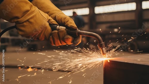 Mig welding sparks fly over steel metal industrial workshop with protective gloves creating bright intense light and metal fabrication safety sparks