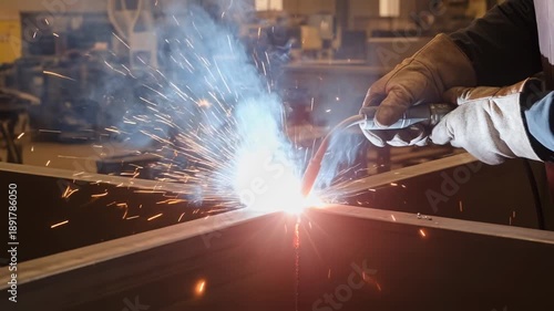 MIG welding sparks fly bright light intense heat joining steel metal parts with precision in industrial workshop environment using protective gloves