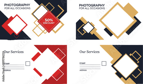 Four geometric abstract business card templates feature red, gold, and dark blue shapes with designated areas for text.