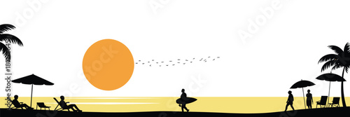 Silhouette of People on Tropical Beach at Sunset with Dramatic Sky, Ocean Horizon, and Calm Seaside Atmosphere, Ideal for Summer Travel, Vacation, Freedom, and Relaxation Concepts