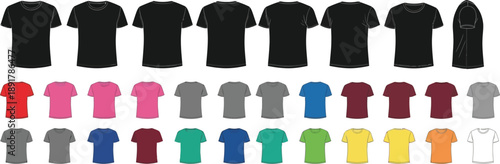 A grid display showcases various colored short-sleeve crew neck and V-neck t-shirts against a clean white background.