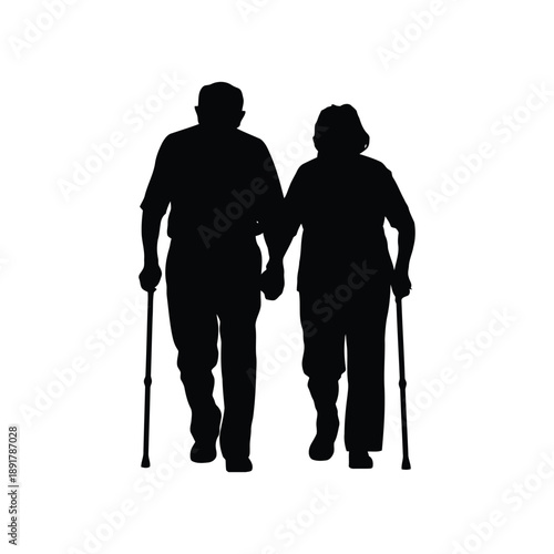 Vector illustration silhouette of elderly couple walking together with canes