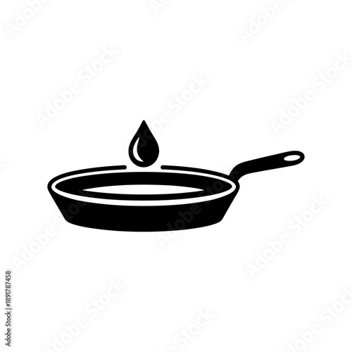 Frying Pan with Oil Drop Icon. A minimalist black silhouette icon depicting a frying pan with a single drop of liquid, likely oil, falling into its surface.