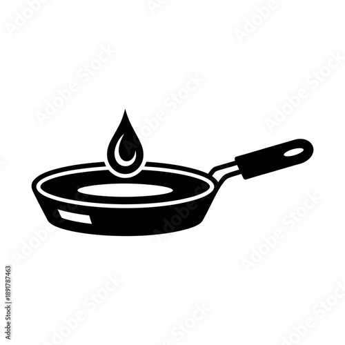 Frying Pan with Oil Drop Icon. A minimalist black silhouette icon depicting a frying pan with a single drop of liquid, likely oil, falling into its surface.