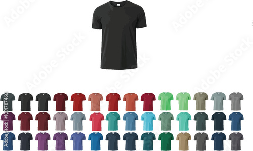 A black short-sleeved t-shirt mockup is displayed above dozens of color variations ready for apparel customization and printing.