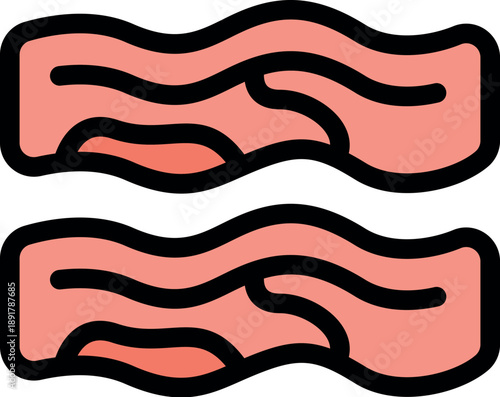 Two slices of bacon are cooking and sizzling in a frying pan, ready for a delicious breakfast