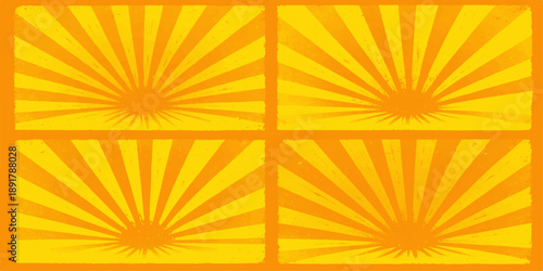 An abstract background vector illustration featuring a vintage orange and yellow sunburst pattern with radial rays and a grunge texture for a retro summer sunrise design