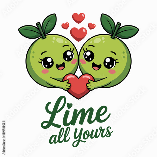 Two adorable lime characters are depicted sharing a heart between them, with hearts hovering above.