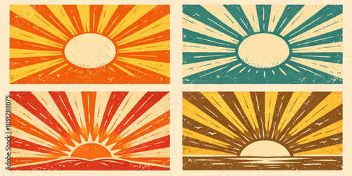 A vibrant vector illustration design featuring a set of yellow and orange sun icons with clouds, showcasing bright rays, sunlight patterns, and a summer sunrise starburst in a circular nature art styl