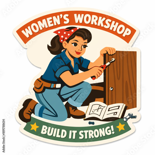 Flat vector retro sticker of a woman assembling furniture with a strong and capable DIY theme on white background