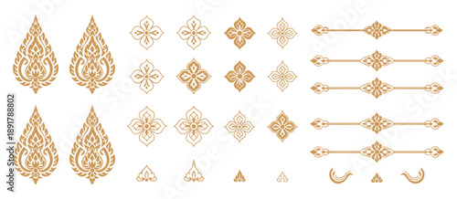 Thai Decorative Graphic Elements Collection Featuring Golden Lotus, Flame Motifs, Traditional Kanok Patterns, and Elegant Floral Ornaments for Luxury Cultural Design and Premium Branding Use