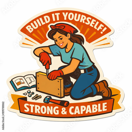Flat vector retro sticker of a woman assembling furniture with a strong and capable DIY theme on white background