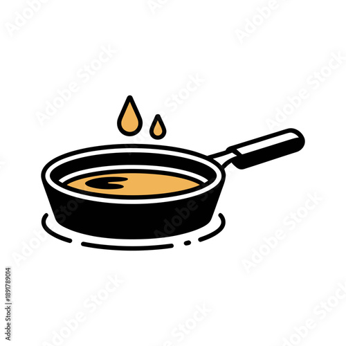 Frying Pan with Oil Drop Icon. A minimalist black silhouette icon depicting a frying pan with a single drop of liquid, likely oil, falling into its surface.