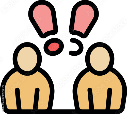 Two individuals engaging in a discussion, with exclamation and question marks symbolizing a dynamic exchange of ideas