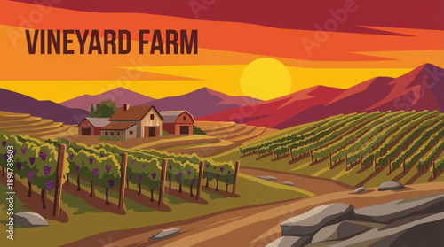 Vineyard farm illustration cartoon on rolling hills with grapevines, representing wine production, traditional agriculture, and premium rural landscape.