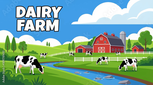 Dairy farm illustration with grazing cows on pasture, representing livestock farming, milk production, sustainable agriculture, and rural landscape.