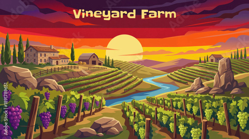 Vineyard farm illustration vector on rolling hills with grapevines, representing wine production, traditional agriculture, and premium rural landscape.