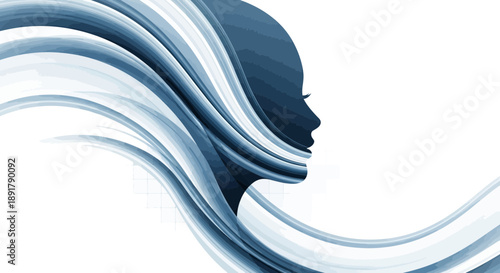 Vector illustration of a fashion lady profile with blue eyes and hair styled against a blue and white background featuring artistic black line art sketches of a beautiful woman face silhouette