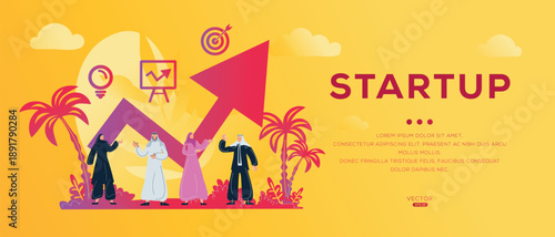 Startup text with Arab people in traditional clothing, vector illustration.