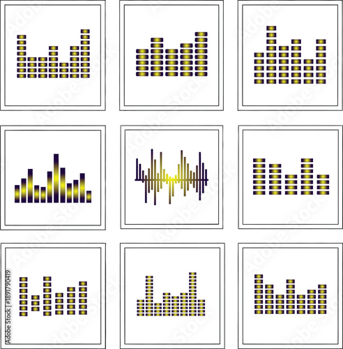 Collection of digital sound wave icons and audio equalizer frequency bars in yellow and purple for music production, voice recording, and data visualization.