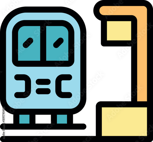 Subway train arriving at a station platform with an information panel, representing urban transportation