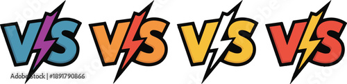 Versus letters logo icon for battle and fight games, featuring pop art style, yellow and red stamp effects, duel challenge symbols, and vector illustration